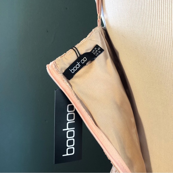 Jess lace open shoulder midi dress , pencil cut, nude by boohoo - Picture 6 of 6